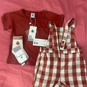 PETIT BATEAU Rust and Cream Plaid Overalls/TShirt/Socks Matching Set NWT!!